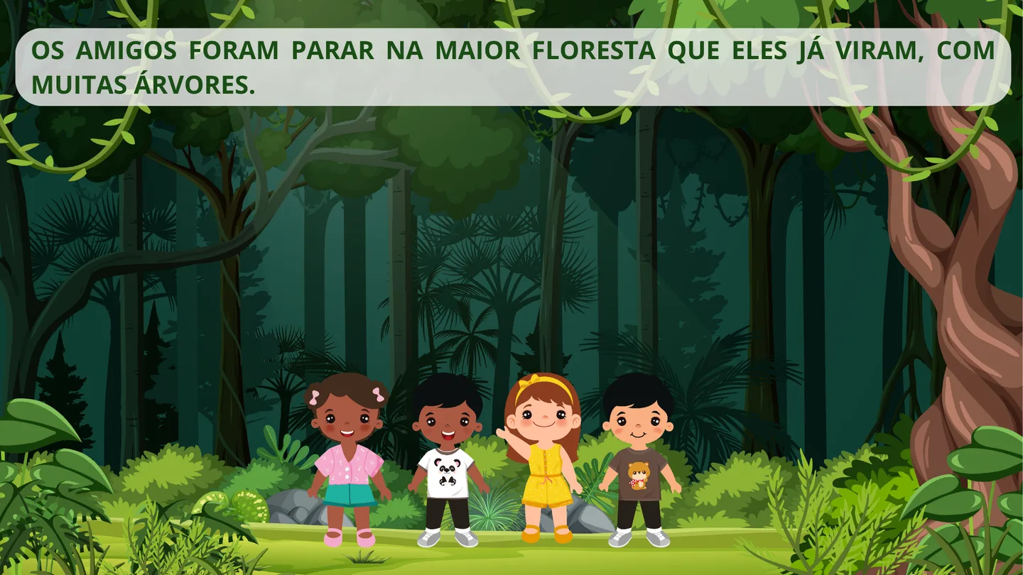 As crianças da história chegam à floresta do Boitatá