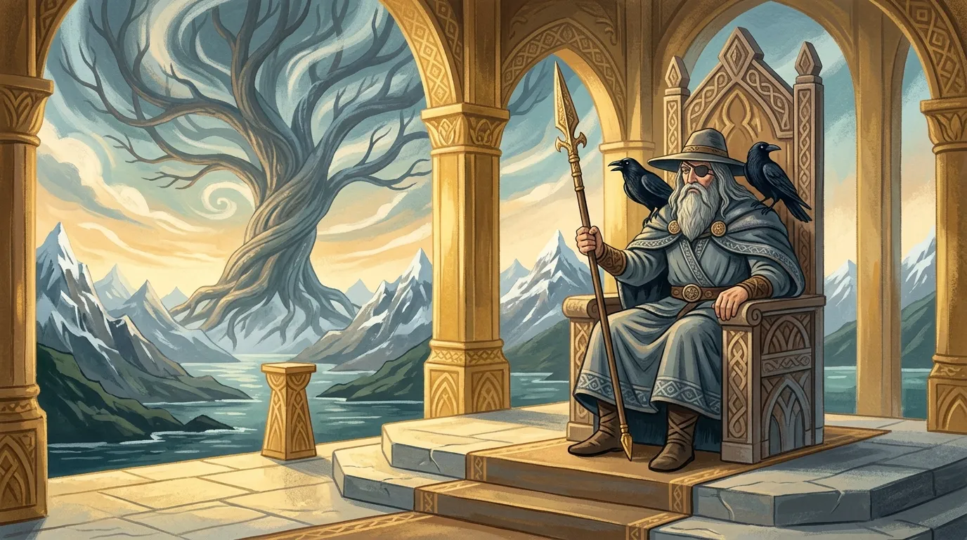 Odin sentado diante da grande árvore do mundo